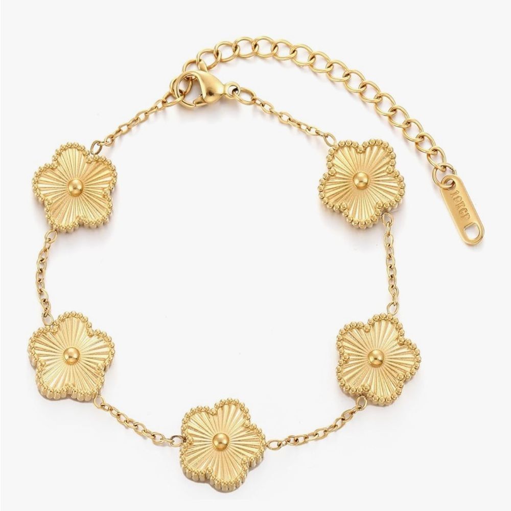 18K Gold Four Leaf Clover Bracelet Plates Stainless Steel Lucky Floral Charm